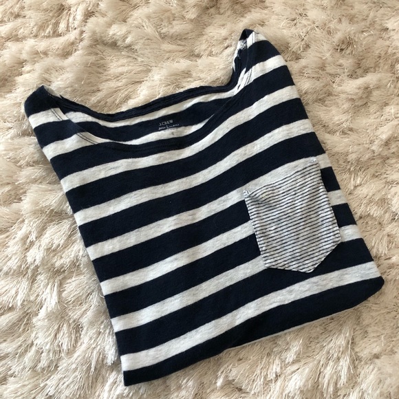 J. Crew Tops - J. Crew Linen striped navy and white pocket Tee